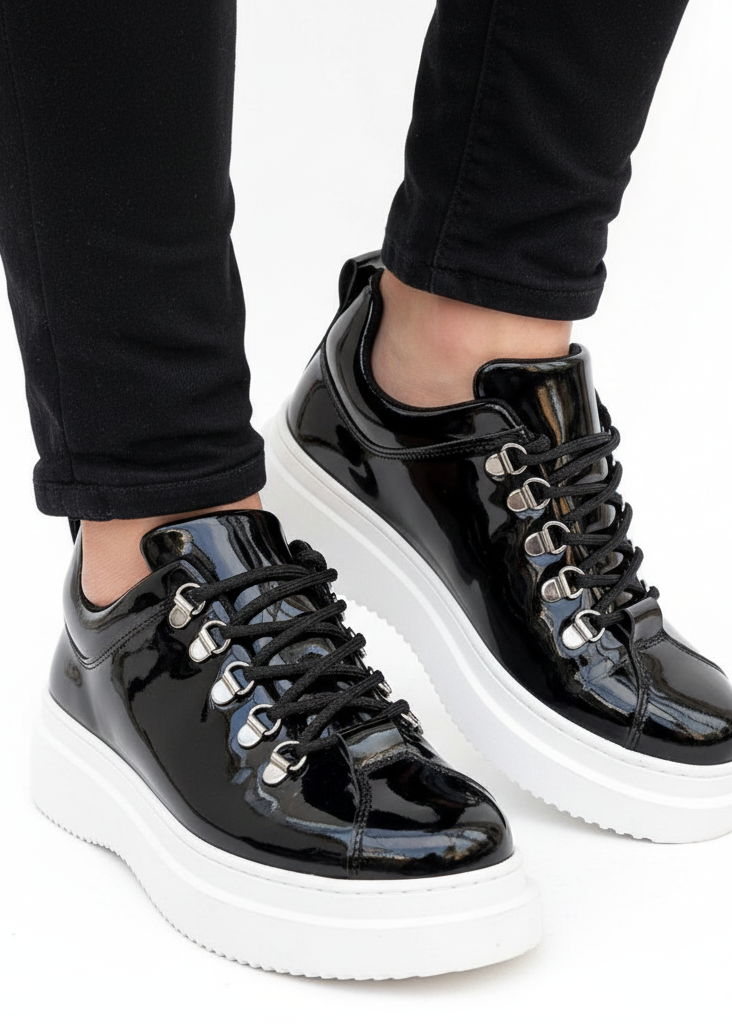 Men's Atlas Mirror glossy black sneaker with hiking eyelets by Apollo Moda, fifth angle