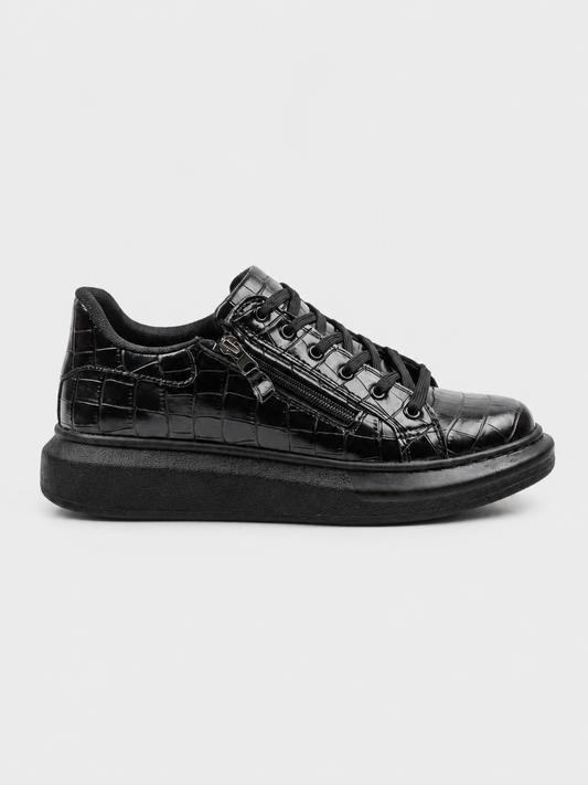 Apollo Moda Men's Aether Onyx patent black crocodile-textured sneaker with side zipper, main product photo