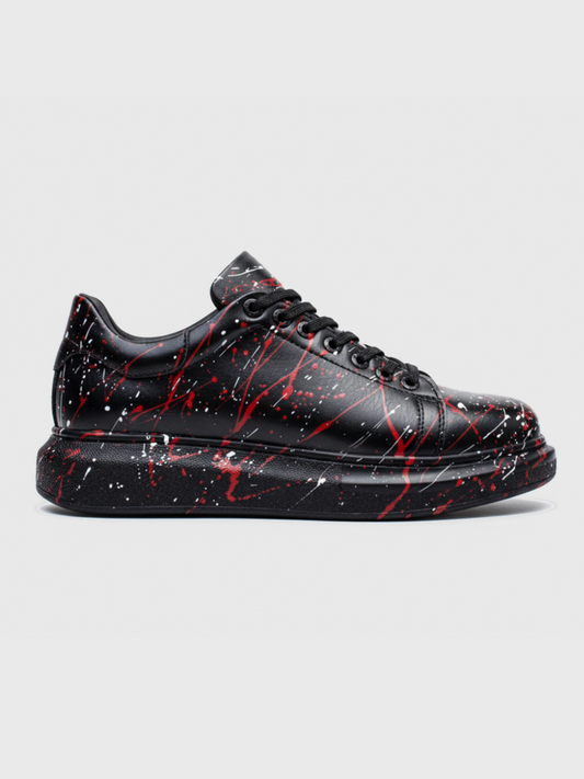 Apollo Moda Men's Stardust Fusion black sneaker with red and white splatter, main product photo