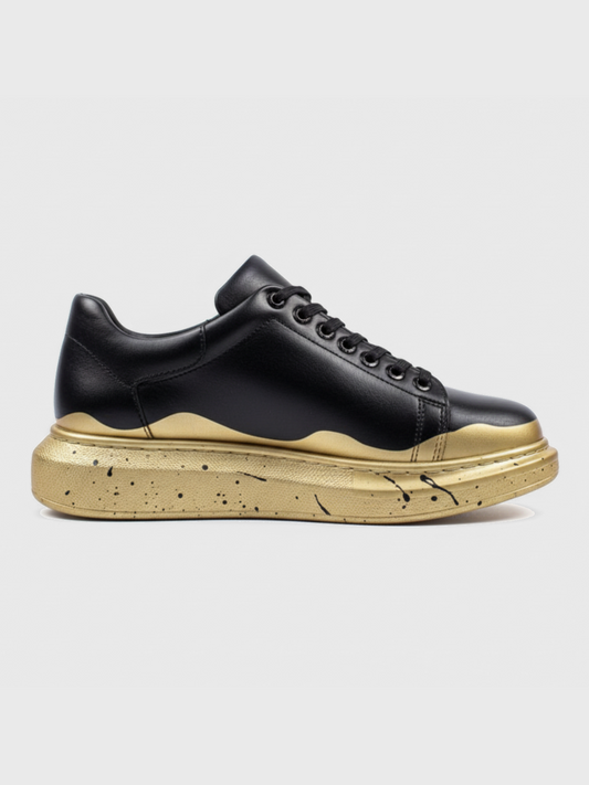 Apollo Moda Men's Ember Glow black and gold hand-painted custom sneaker, main product photo