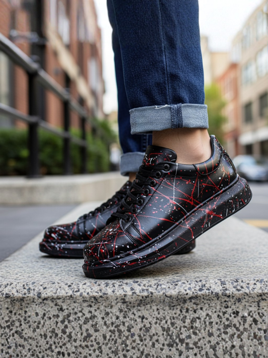 Men's Stardust Fusion by Apollo Moda, hand-painted red and white splatter sneaker, second angle