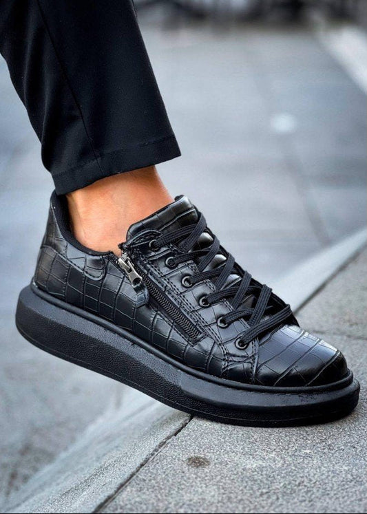 Men's Aether Onyx by Apollo Moda, glossy black croc-embossed low-top sneaker, second angle