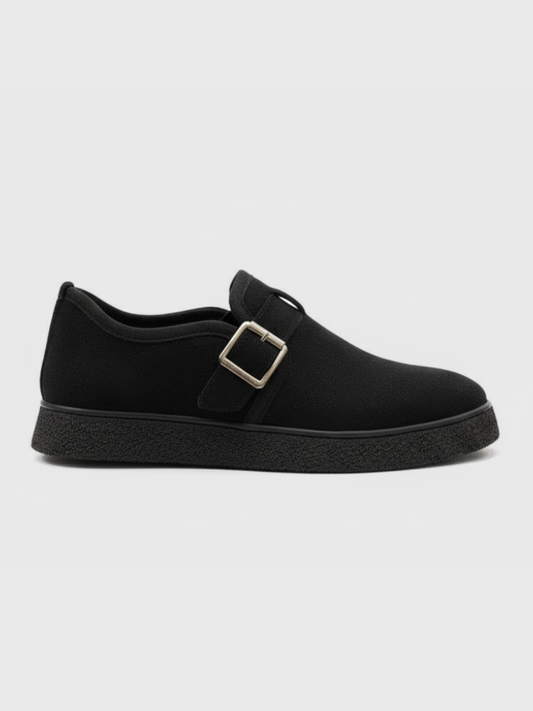 Apollo Moda Men's Arden Onyx black suede slip-on with adjustable buckle, main product photo