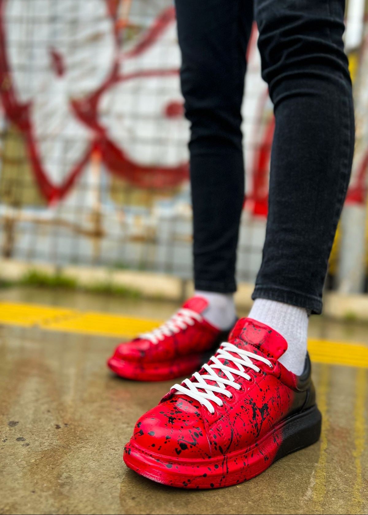 Men's Color Wave Bold Contrast by Apollo Moda, hand-painted red and black splatter sneaker, second angle