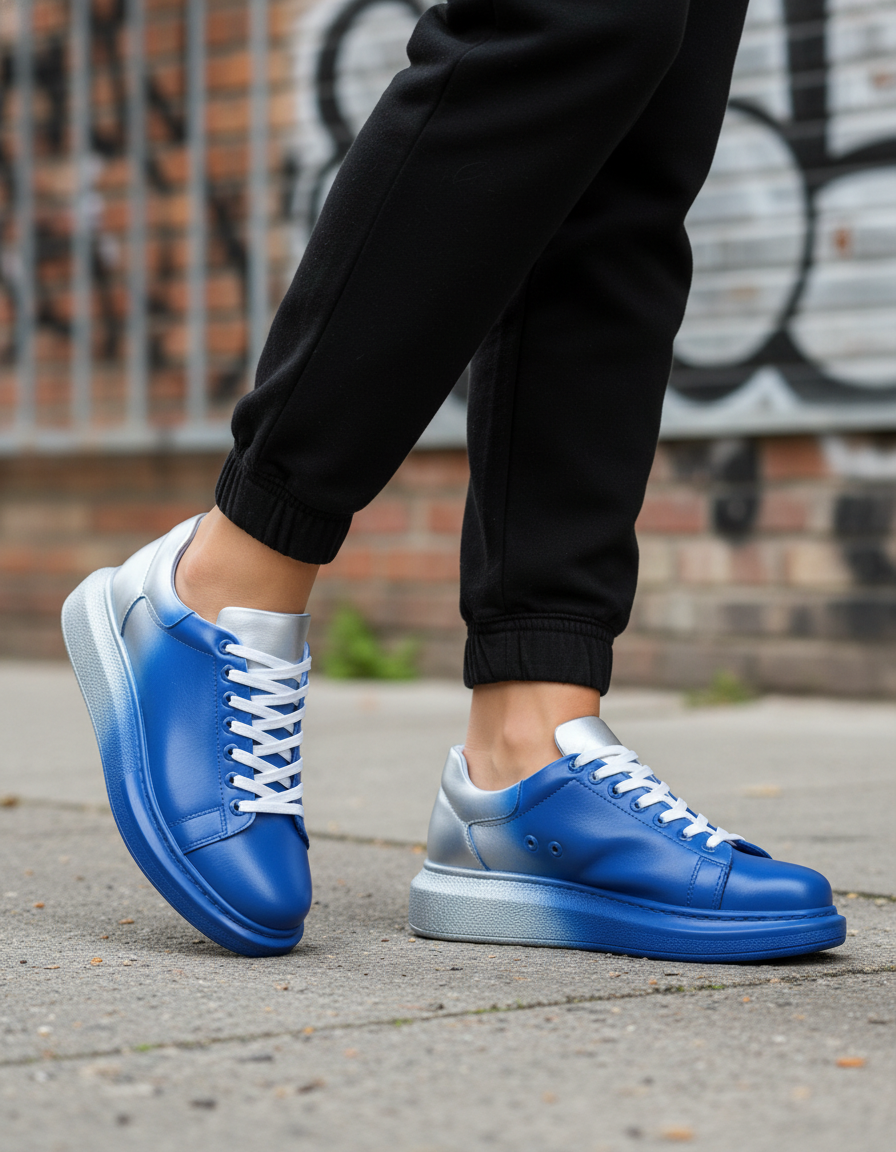 Men's Color Wave Duo Dynamics by Apollo Moda, hand-painted blue and silver fade sneaker, second angle