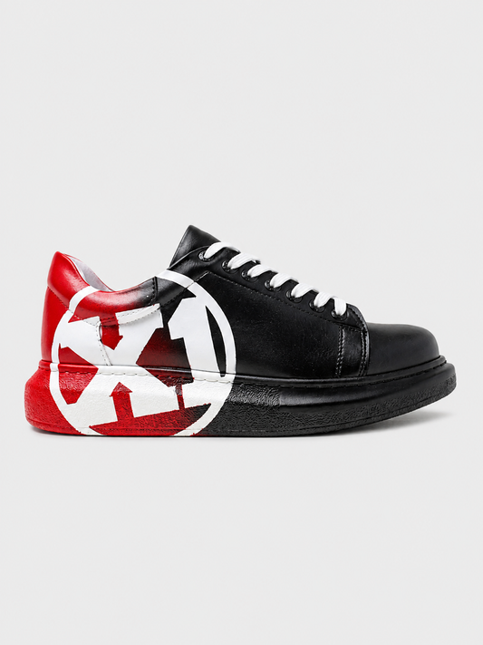 Apollo Moda Men's Genova X1 black and red hand-painted custom sneaker, main product photo