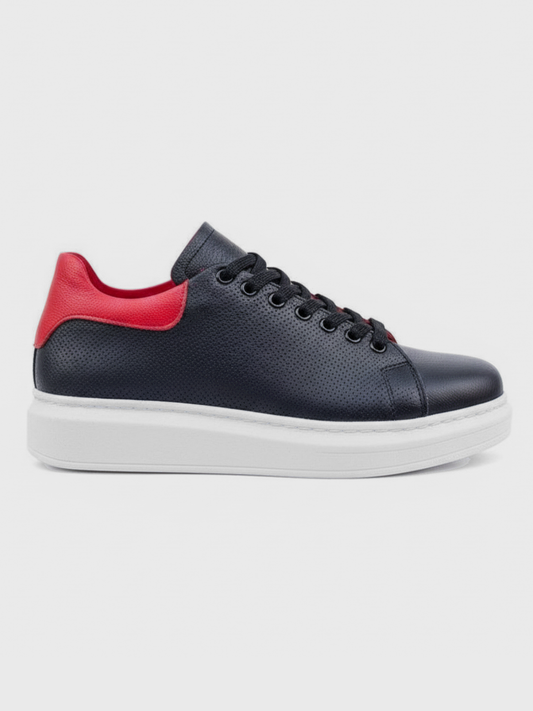 Apollo Moda Men's Pluto Noir black leather casual sneaker with red contrast accents, main product photo