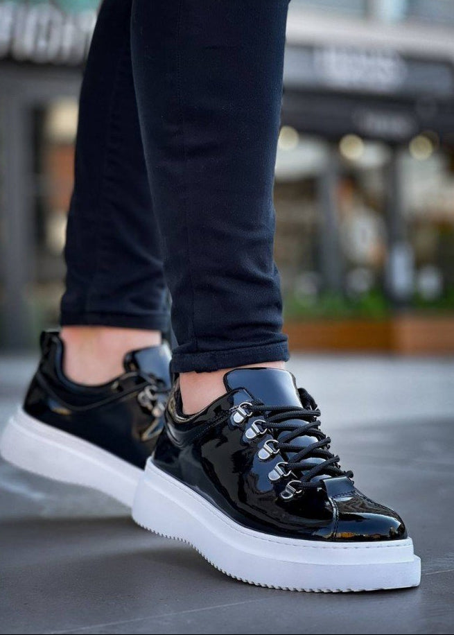 Men's Atlas Mirror patent black sneaker with white sole by Apollo Moda, sixth angle
