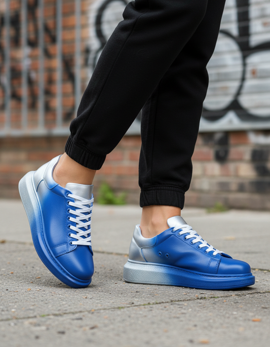 Women's Color Wave Duo Dynamics by Apollo Moda, hand-painted blue and silver fade sneaker, second angle